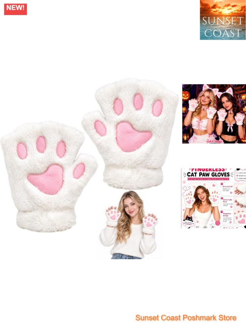 Fingerless Cat Paw Gloves Plush Mittens Cosplay Halloween Costume